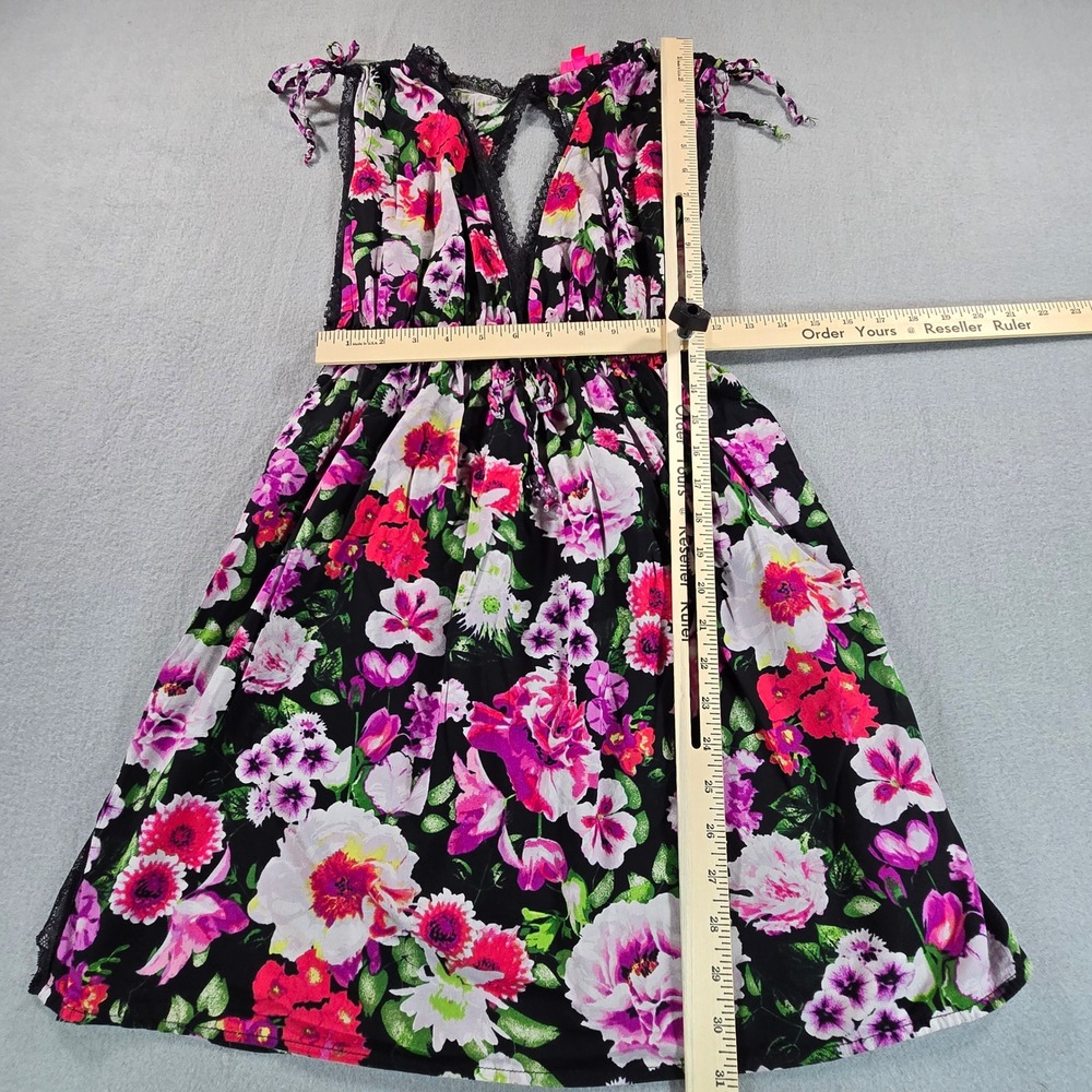 Betsey Johnson Floral Babydoll Dress Womens L Black Pink Lace Trim Open Back - Picture 7 of 7